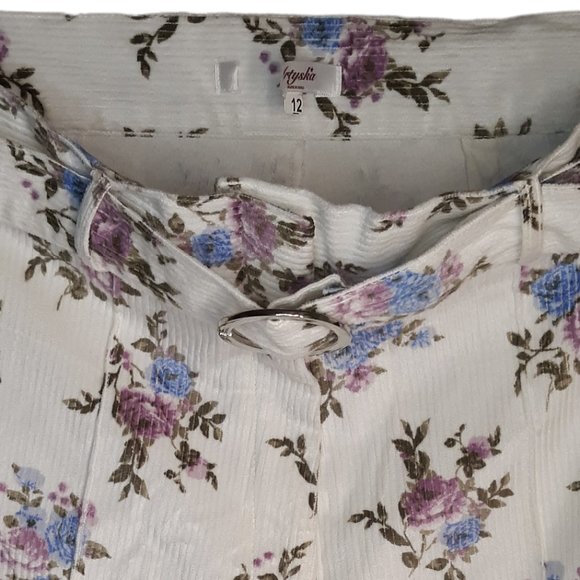 High rise corduroy w/floral print & belt - Picture 4 of 11